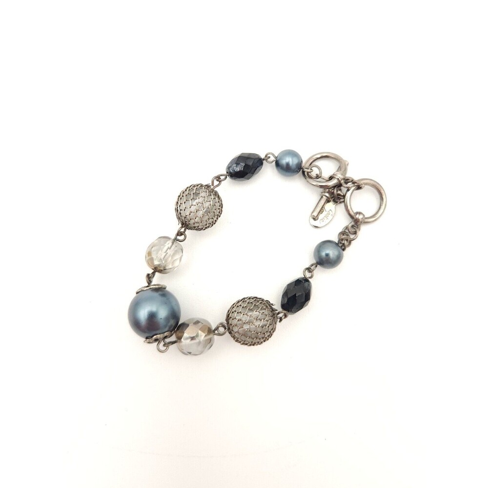 8"‎ Vintage Cookie Lee Blue Black Silver Tone Bead Bracelet w/ Toggle Clasp